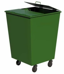 Household waste container with double-sided lid and wheels