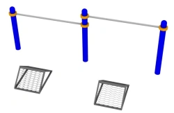 Stationary multi-level crossbars with foot rest for performing the test "Pull-up from hanging on a low bar".