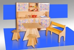 Play kitchen furniture set (cupboard, table, 2 stools, sofa).
