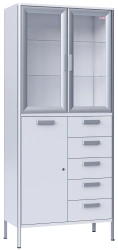 Medical cupboard, two-section, two-leaf, made of aluminium profile and laminated plastic board, with glass shelves