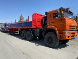 Semitrailer Politrans 94171-0000011. In design: metal platform with decking, with pneumatic suspension.