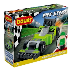 The toy children's educational constructor Bauer series "Pit Stop" set "Racing car" in a box (colour black, green). 38 elements