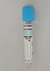 Vacuum tube for venous blood collection "BERIMED", filler Sodium Citrate, 3,2% (9:1), size 13x75 mm, volume 3,6 ml.