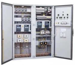 Low-voltage complete device for electric power stations of selective control complete with decade button-relay.
