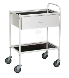 ??548-MSK(???-548) Mobile metal manipulation table for dentist, on wheels, with two stainless steel shelves and sliding drawers.