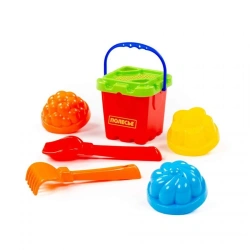 Set No. 261: small fortress bucket, fortress strainer, trowel No. 2, rake No. 2, 3 moulds, Article No. 7123