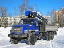 Special purpose vehicle with hydraulic loading crane of MKMA type on the base of URAL 4320 and its modifications U0K04N-4L180