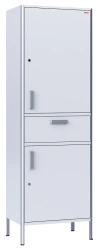 Medical cabinet, two-sectional, single-leaf, made of aluminium profile and laminated plastic board, with drawer, with drawer, wi