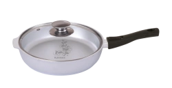 Frying pan 280/65mm (uncoated) cast aluminium Kukmara TM, with removable Bakelite handle, glass lid