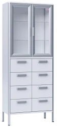 Medical cupboard, two-section, two-leaf, made of aluminium profile and laminated plastic board, with glass shelves