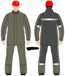 Men's suit (jacket, trousers) made of flame-resistant cotton fabric and thermo-flame-resistant fabric made of a mixture of chemi