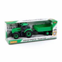 Tractor "Progress" with inertia flatbed trailer and bucket (green) (in box), Item No. 91260