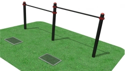 Stationary multi-level crossbars with foot rest for performing the test "Pull-up from hanging on a low bar".