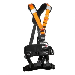 Safety harness with integrated belt for holding and positioning, attachment elements for working in sitting position.