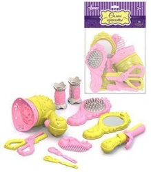 Hairdressing set with hair dryer (coloured) (10 items in a big bag with a header)