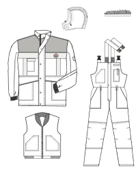 Men's suit (jacket, dungaree) for protection against low temperatures, general industrial contamination and mechanical effects: