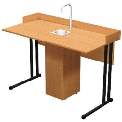 Pupils' two-seat laboratory table for chemistry room with plumbing, height adjustable