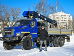 Special purpose vehicle with hydraulic loading crane of KMA type on the basis of URAL 4320 and its modifications U0K02N-UC
