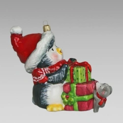 Handmade glass Christmas tree toy "Penguin and presents"