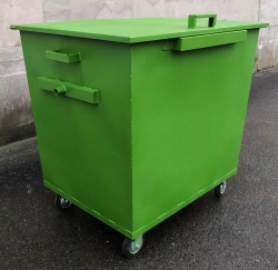 Waste container welded steel green 700L for household waste with hinged lid on hinges