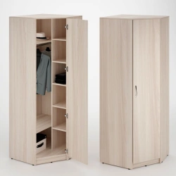 Corner cupboard with chrome-plated rod and shelves.