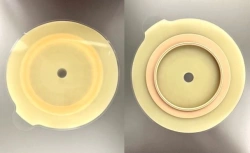 Rehabilitation device for stomical use in colostomies, ileostomies and urostomies: flat plate, convex plate.