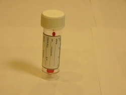 Polymer container for bio-samples, disposable, sterile-KOS 30ml/B with label and spoon