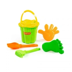 Set No. 308: Medium flower bucket No. 3, Medium flower strainer No. 3, Shovel No. 5, Rake No. 5, Moulds (palm + foot), Article 3