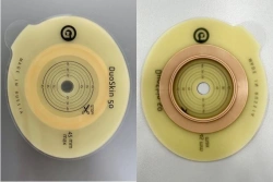 Rehabilitation device for stomical use in colostomies, ileostomies and urostomies: flat plate, convex plate.