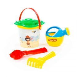 Set No. 210: small bucket with sticker, flower strainer, trowel No. 2, rake No. 2, small watering can No. 3, Article No. 0672.