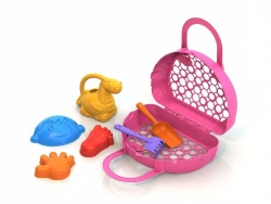Sand Set #119 (3 moulds "Boy, Hand, Foot", watering can, rake, dustpan, bag - basket)