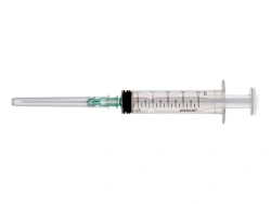 Luer type sterile single-use three-component injection syringe of 5ml nominal capacity with 21G x 1 needle.