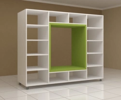 2-sided shelving unit with a square seat