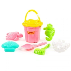 Set #307: bucket-flower medium #3, strainer-flower medium #3, shovel #5, rake #5, moulds (crab #2 + seahorse + ra