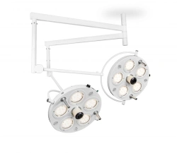 Medical LED surgical luminaire with ceiling mount (ceiling-mounted double-dome, two 5-module luminaires, two 5-modules)