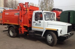 Special platform with loading and unloading equipment (hopper, rubbish truck) type 47120, modification 47120W on chassis base.