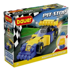 Toy children's educational constructor Bauer series "Pit Stop" set "Racing car" in a box (colour blue, yellow). 35 elements
