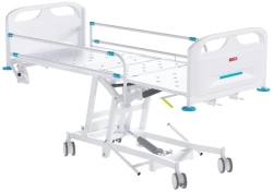 MEGI Strong 1 Medical Functional Bed with hydraulic height adjustment, plastic backrests, slatted side panels.