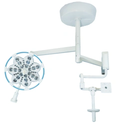 Surgical ceiling luminaire with emergency power supply adjustable single unit with additional console for low ceilings
