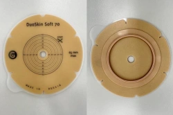 Rehabilitation device for stomical use in colostomies, ileostomies and urostomies: flat plate, convex plate.