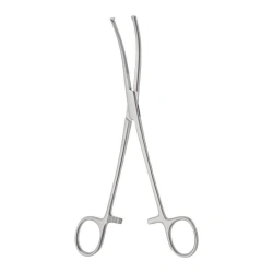 TZ-01-307-19,5 Clamp with cremalier for attaching surgical linen to peritoneum, curved, 195 mm