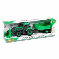 Tractor "Progress" with flatbed trailer and inertial bucket (green) (in a box), Item No. 91826
