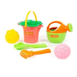 Set No. 155: Small bucket with spout, flower strainer, trowel No. 2, rake No. 2, 2 moulds, small watering can No. 4, item 4955.