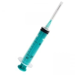 Single-use three-detail sterile injecting syringe with Luer-Lok tip with a capacity of 20 ml with injection needle.