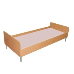 Wooden bed on metal frame