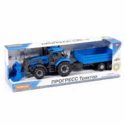 Tractor "Progress" with flatbed trailer and inertial bucket (blue) (in a box), Item No. 91819