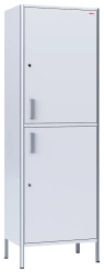 Medical cupboard, two-sectional, single-leaf, made of aluminium profile and laminated plastic board, with shelves and doors
