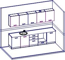 Set of kitchen furniture. The frame is made of 16mm LDFP, facades are made of coloured LDFP. The kitchen worktop is moisture-res