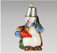 Handmade glass Christmas tree toy "Snowman with shovel and carrot"