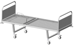 KF0-01-"MSC" (MSC-101D) - General hospital bed with headrest, on wheels, metal backrests with decorative insert made of linen.